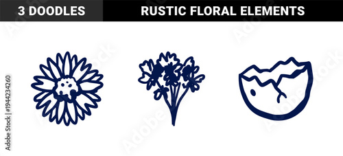 Hand-drawn botanical and nature elements in a naive marker sketch style. Rustic floral blooms and broken eggshell for organic spring branding.