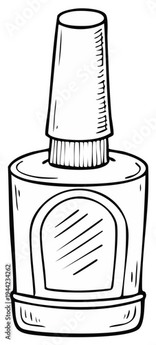 Hand-drawn outline illustration of a nail polish bottle with a brush and label area