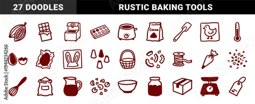 Hand-drawn artisanal chocolate making and confectionery elements for organic branding. Rustic naive marker sketch illustrations of cocoa, baking tools, and sweets.