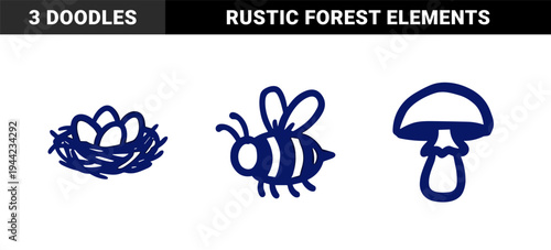 Hand-drawn nature and forest elements featuring a bird nest with eggs, honey bee, and wild mushroom in a rustic naive marker sketch style.