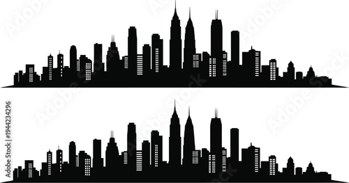 Modern city skyline silhouette, urban skyscraper panorama, metropolitan downtown horizon, black building outline, architecture landscape, vector cityscape illustration, minimal design