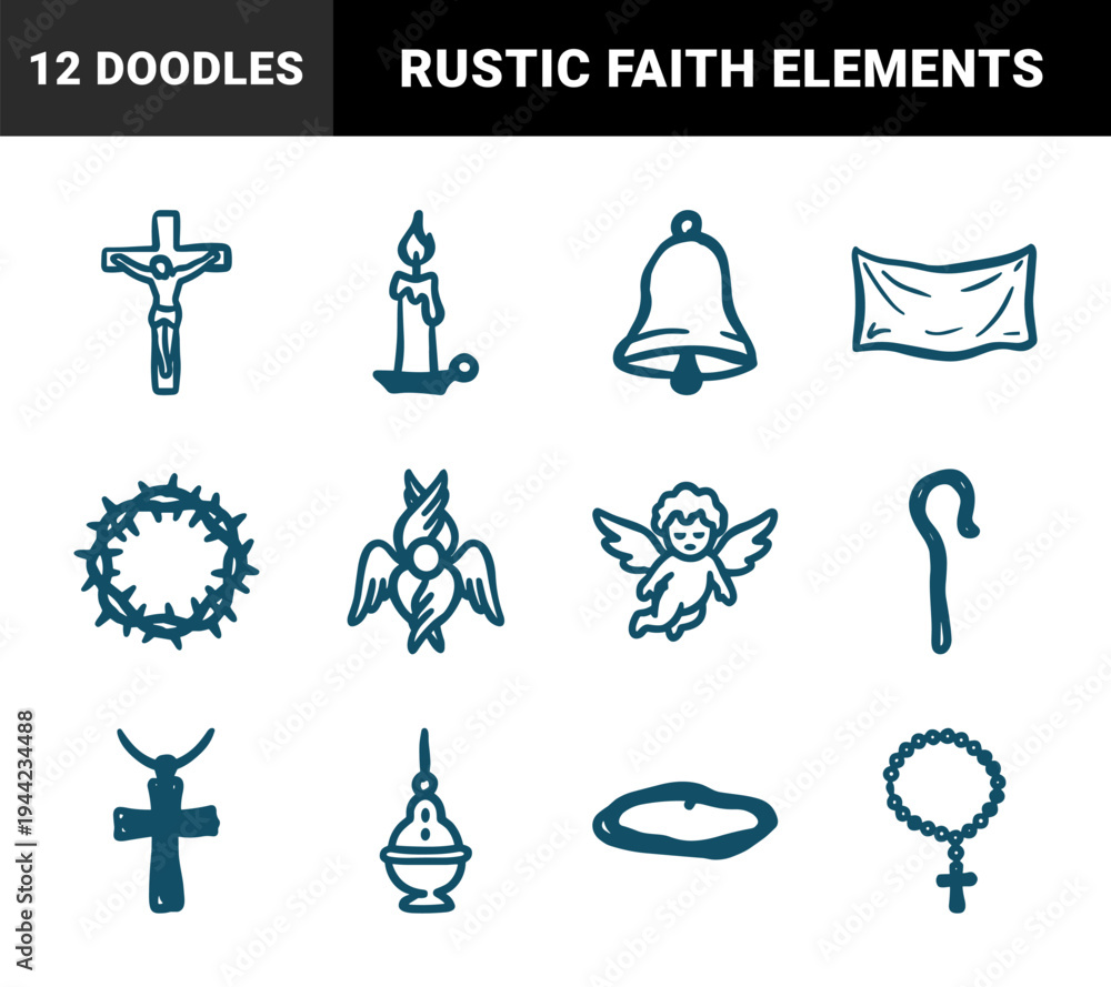 Obraz premium Hand-drawn Christian religious symbols for spiritual branding and church education. Rustic naive marker sketch illustrations of faith icons.