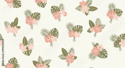 Pink flowers and green leaves pattern.