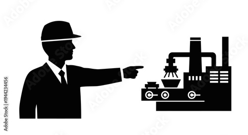 Flat vector icon of a worker overseeing the manufacturing process in a factory, symbolizing industrial management and production control