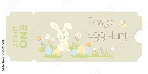 Ticket for Easter egg hunt with cute bunny illustration. Festive entry voucher design for holiday event. Spring celebration activity card with colorful eggs, flowers and butterfly.