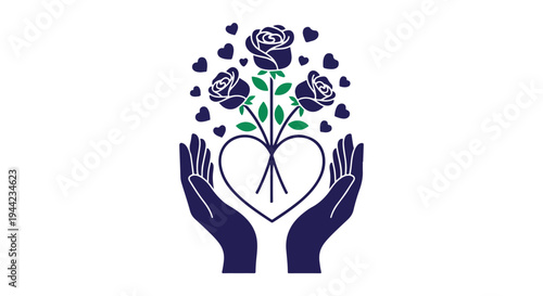 Illustration of hands cradling a heart-shaped bouquet of flowers with hearts floating above on a white background.