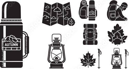 Autumn Camping Icons and Symbols in Black and White