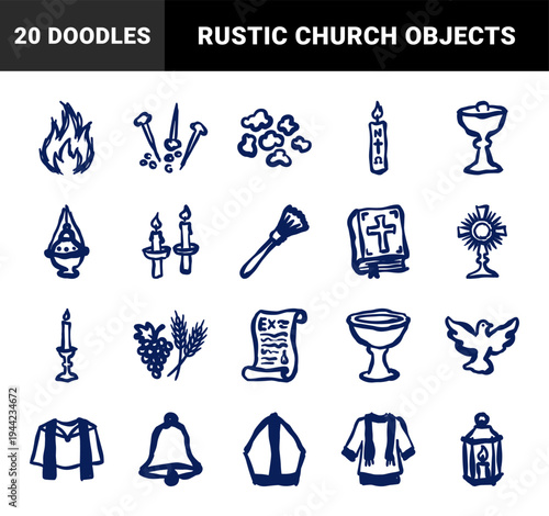 Christian religious symbols and liturgical items for spiritual branding. Crude marker sketch naive doodles featuring church and mass concepts.