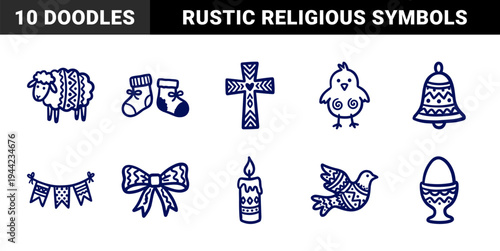 Hand-drawn Easter and Christian religious symbols in a naive doodle style. Rustic marker sketch illustrations for holiday branding and scrapbooking.