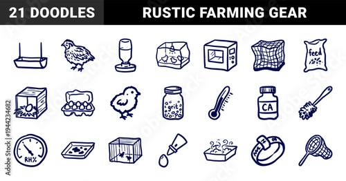Quail farming and poultry husbandry equipment for sustainable agriculture. Crude marker sketch illustrations featuring backyard bird care and incubation concepts.