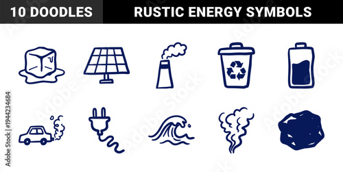 Ecological and energy concepts for environmental awareness branding. Naive marker sketch doodle elements featuring solar power and climate change.