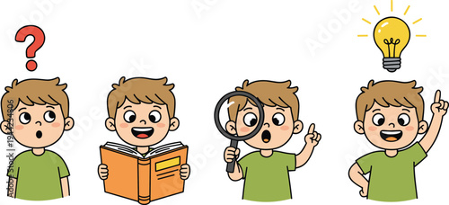 Educational character vector collection featuring a young boy reading a book using a magnifying glass and having a bright idea.