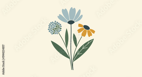 Colorful flowers with green leaves bouquet.