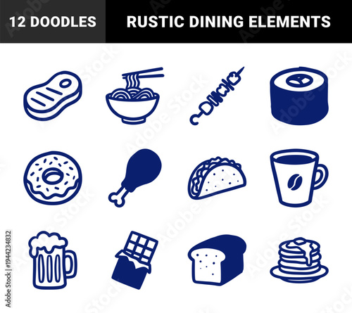 Hand-drawn food and beverage doodles for organic restaurant branding. Rustic, naive marker sketch illustrations featuring comfort food and snacks.