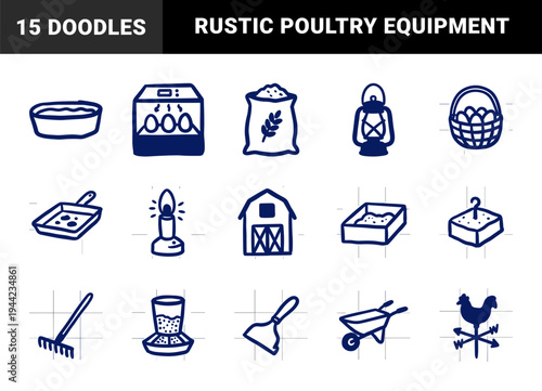 Hand-drawn rustic farming and poultry breeding elements for organic agriculture branding. Naive marker sketch illustrations of homesteading equipment.