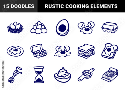 Hand-drawn egg and breakfast preparation elements in a naive doodle style. Rustic marker sketch illustrations for culinary branding and organic cafe menus.