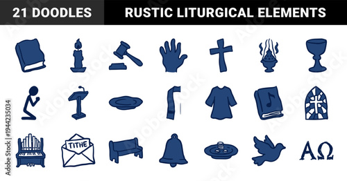 Christian Liturgical Worship Elements and Church Ritual Symbols. Rustic Naive Marker Sketch Illustrations with Hand-Drawn Religious Motifs.