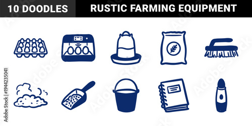 Hand-drawn poultry farming and chicken coop equipment for rustic agricultural branding. Naive marker sketch illustrations of egg production tools.