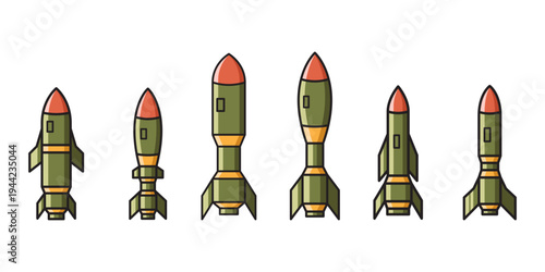 Cartoon vector set of green military rockets and missiles in flat outline style. Front-facing warheads and fins arranged in a row, suitable for defense, warfare, infographic, and game.
