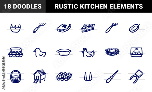 Hand-drawn farm to table cooking and poultry elements in a naive doodle style. Rustic marker sketch illustrations for organic culinary branding.