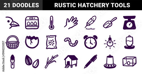 Hand-drawn poultry farming and egg incubation elements for rustic agricultural branding. Naive marker sketch illustrations of chicken care equipment.
