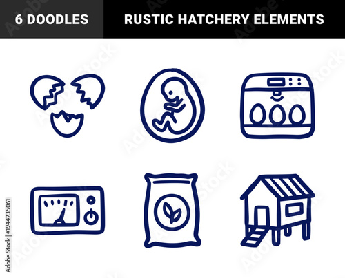 Hand-drawn poultry farming and egg incubation elements for organic agriculture branding. Rustic naive marker sketch illustrations of hatchery equipment.