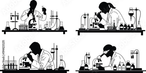 Scientists working in laboratory silhouette, microscope research experiment, chemistry lab equipment analysis, medical science innovation concept illustration vector