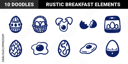 Hand-drawn egg and breakfast elements for organic food branding. Rustic, naive marker sketch illustrations featuring poultry farming and cooking concepts.