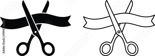 Photos Scissors cutting ribbon, black and white vector illustration, flat design icons