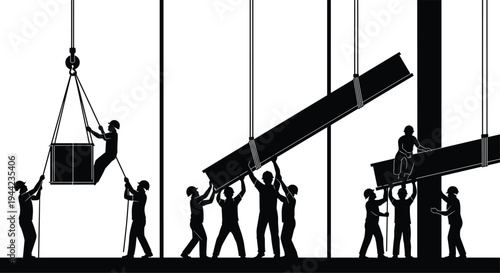 Silhouette, construction workers lifting steel beam with crane, teamwork at building site, industrial labor, engineering work, infrastructure development concept