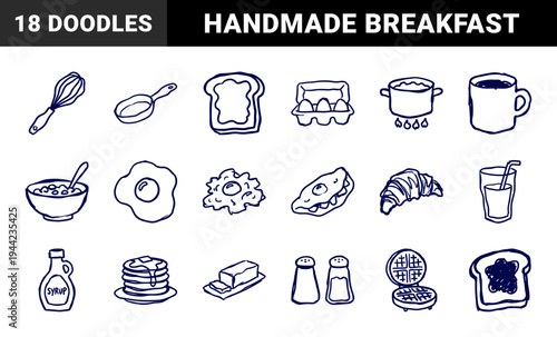 Hand-drawn breakfast and morning cafe elements for organic brand identity. Rustic, naive marker sketch illustrations featuring brunch and cooking concepts.