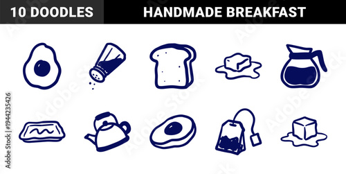 Breakfast and morning kitchen elements for organic food branding. Naive marker sketch doodle featuring toast, eggs, coffee, and tea tea theme.