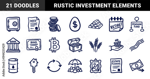 Hand-drawn financial and investment elements with rustic marker sketch aesthetic. Naive doodle illustrations for banking, retirement planning, and wealth management.