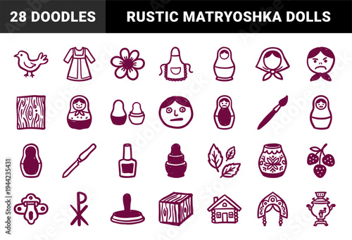 Traditional Russian Matryoshka and folklore elements for ethnic branding. Rustic hand-drawn nesting dolls, samovar, and Slavic cultural motifs in a naive marker sketch style.