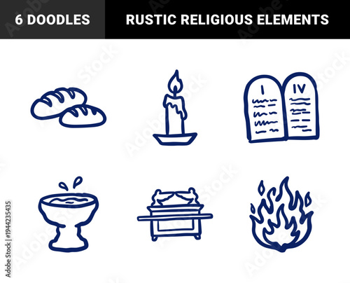 Hand-drawn biblical and religious symbols for spiritual storytelling. Rustic, naive marker sketch illustrations featuring faith and worship concepts.