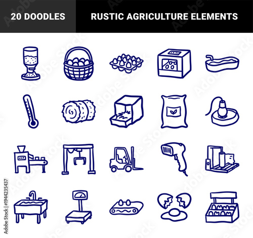 Hand-drawn poultry farming and egg production elements for organic agricultural branding. Naive marker sketch illustrations featuring hatchery and livestock supply concepts.
