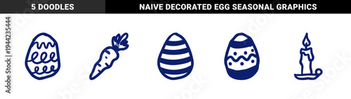 Hand-drawn Easter holiday elements in a naive marker doodle style. Rustic blue ink sketches of decorated eggs, a carrot, and a ceremonial candle for spring celebrations.