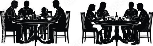 Silhouette, family eating dinner together at round table, parents and children sharing meal, home dining lifestyle bonding concept