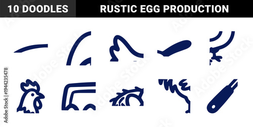 Hand-drawn poultry and egg production elements for rustic farm branding. Naive marker sketch illustrations featuring chicken, rooster, and hatchery concepts.