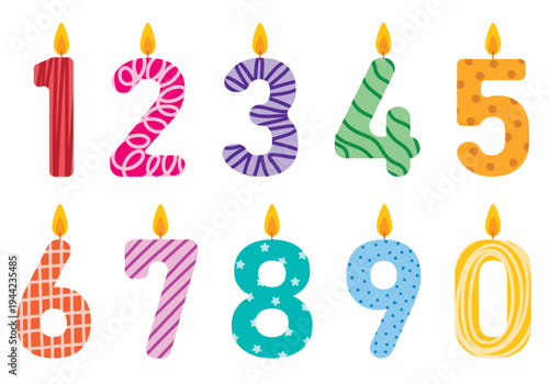 Set of colorful number candles clip art. Numbers with different patterns and colors with burning flames. Candles for children birthday. Vector graphics