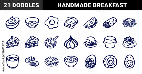 Hand-drawn egg and breakfast food doodles for organic cafe branding. Rustic naive marker sketch illustrations featuring diverse egg dishes and morning meals.