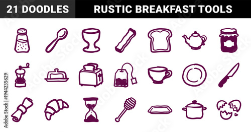 Hand-drawn breakfast and morning kitchen elements for rustic brand identity. Naive marker sketch illustrations featuring brunch and cafe concepts.