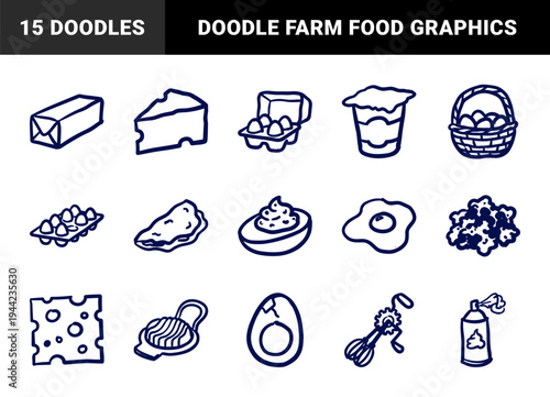 Hand-drawn dairy and egg grocery elements for organic brand identity. Rustic, naive marker sketch illustrations featuring breakfast and farm food concepts.
