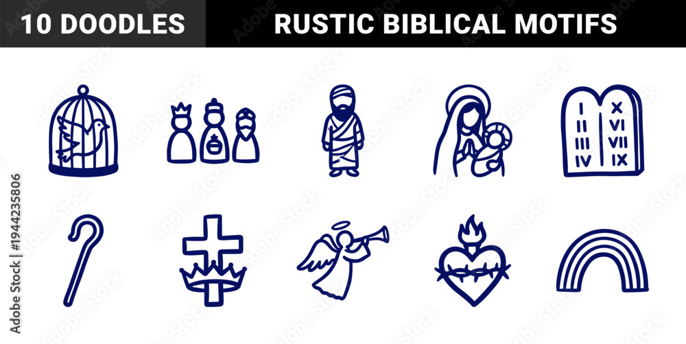 Obraz premium Christian religious symbols and biblical motifs in a rustic hand-drawn doodle style. Naive marker sketch illustrations for spiritual branding and church education.