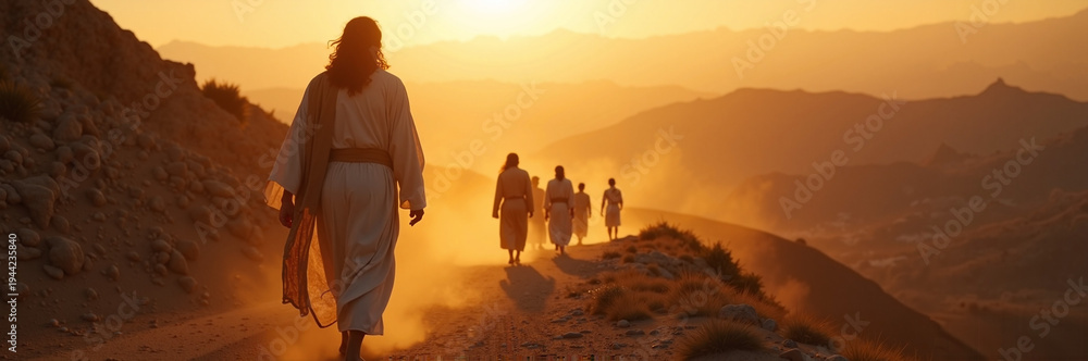 Obraz premium Disciples of Christ walking along mountainside at sunset, golden light illuminating their path. Scene captures the disciples, dressed in traditional robes,