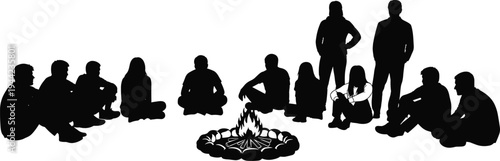 Silhouette, group of friends around campfire, outdoor camping night gathering, people sitting and standing, adventure travel, social bonding concept