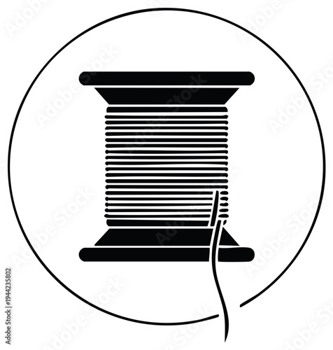 Sewing spool with thread and needle in vector black and white illustration for crafts and dressmaking
