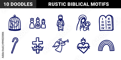 Christian religious symbols and biblical motifs in a rustic hand-drawn doodle style. Naive marker sketch illustrations for spiritual branding and church education.