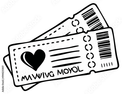 Two event tickets with heart symbol and barcode