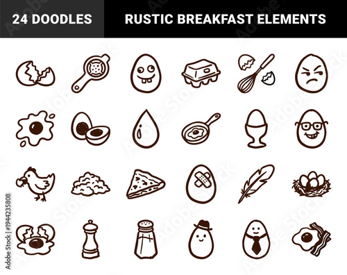 Hand-drawn egg and breakfast doodles for organic kitchen branding. Rustic naive marker sketches featuring poultry, cooking tools, and fried eggs.